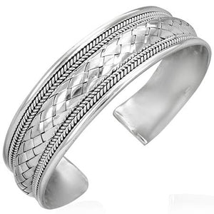 925 Sterling Silver Braided Twisted Grid Design Womens Cuff Bangle Bracelet