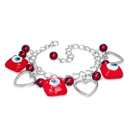 Fashion Alloy Maroon Red Evil Eye Square Beads Ball Love Heart Womens Bracelet