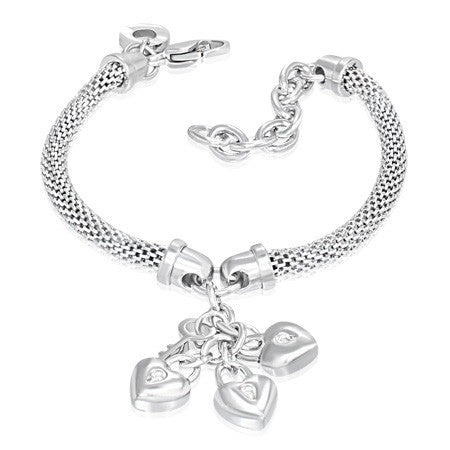 Stainless Steel Triple Love Heart Padlock Key Charm Mesh Womens Bracelet