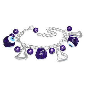 Fashion Alloy Purple Violet Evil Eye Beads Ball Heart Love Charm Womens Bracelet