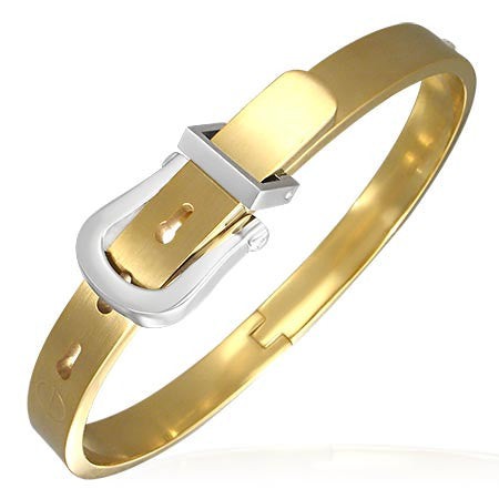 Stainless Steel Two-Tone Belt Buckle Hinged Adjustable Womens Bangle Bracelet