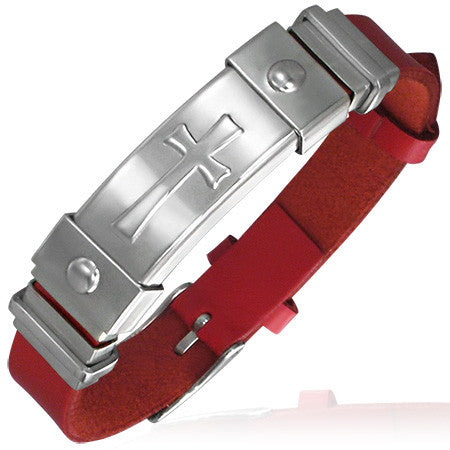 Stainless Steel and PU Faux Leather Red and Silver Maltese Cross Womens Bracelet