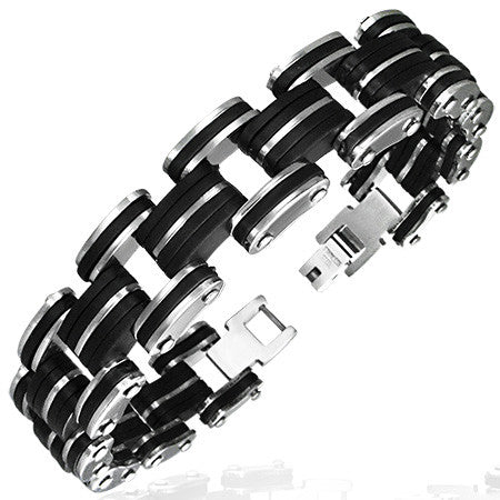 Stainless Steel Two-Tone Black and Silver Mens Link Bracelet