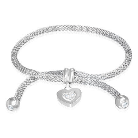 Stainless Steel Love Heart Charm Adjustable Mesh Womens Bracelet with CZ