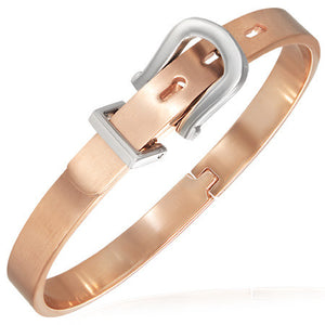 Stainless Steel Rose and Silver Belt Buckle Adjustable Womens Bangle Bracelet