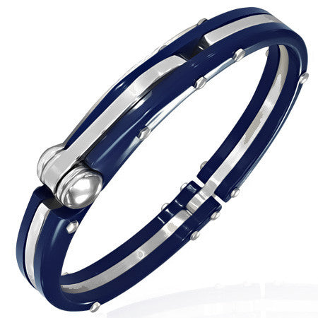 Stainless Steel Two-Tone Blue and Silver Handcuff Mens Bangle Bracelet