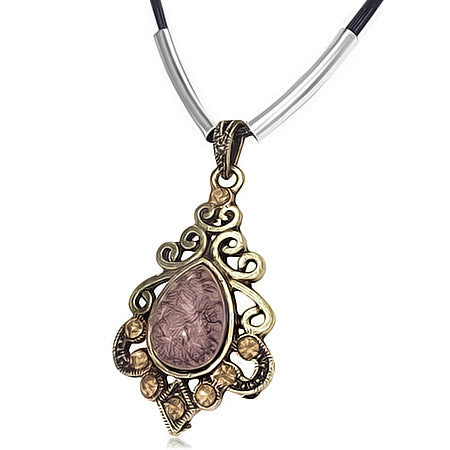 Fashion Alloy Spiral Flower Teardrop Charm and Black Chain Pendant Necklace