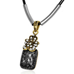 Fashion Alloy Charcoal Square Charm White Flower Black Chain Pendant