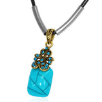 Fashion Alloy Turquoise-Tone Square Charm Blue Flower Black Chain Pendant