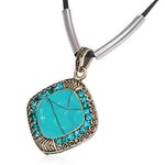 Fashion Alloy Turquoise-Tone Square Charm with Blue Gold-Tone Black Chain Pendant