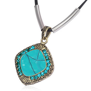 Fashion Alloy Turquoise-Tone Square Charm with Blue Gold-Tone Black Chain Pendant