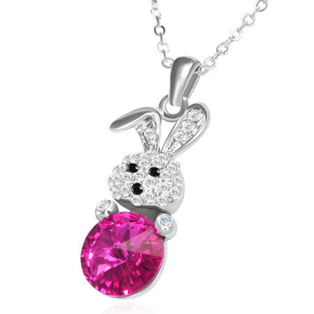 White Gold-Tone Rabbit Charm with White and Pink CZ Pendant