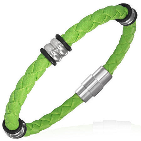 Stainless Steel Faux PU Leather Green Braided Woven Unisex Bracelet