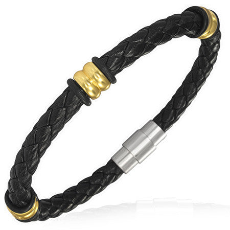 Stainless Steel Faux PU Leather Black Gold Silver Braided Unisex Bracelet