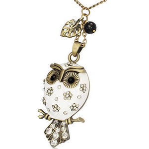 Fashion Alloy Vintage White Black CZ Flower Owl Charm Necklace