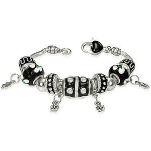 Fashion Alloy Black Beaded Flower Charm Heart Padlock Womens Bracelet