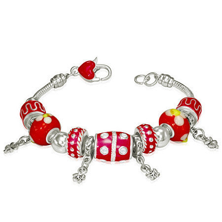 Fashion Alloy Red Beaded Flower Charm Heart Padlock Womens Bracelet