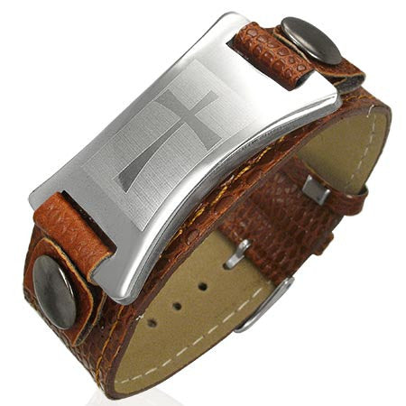 Brown Leather Stainless Steel Belt Buckle Religious Cross Mens Bracelet