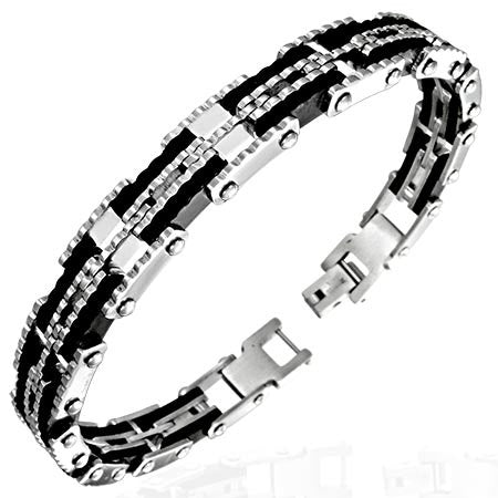 Black Silver Two-Tone Stainless Steel Link Mens Bracelet