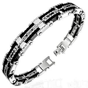 Black Silver Two-Tone Stainless Steel Link Mens Bracelet