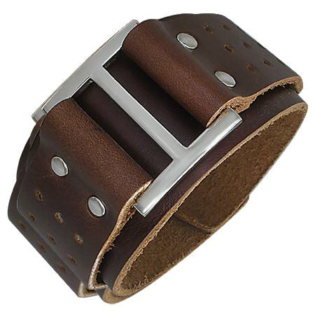 Brown Leather Alloy Square Belt Buckle Snap Wristband Mens Bracelet