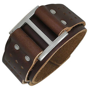 Brown Leather Alloy Square Belt Buckle Snap Wristband Mens Bracelet