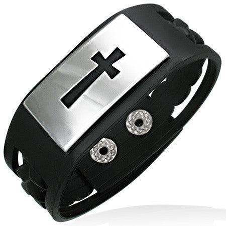 Stainless Steel Black Rubber Silicone Braided Cross Religious Snap Mens Bracelet