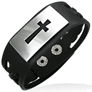 Stainless Steel Black Rubber Silicone Braided Cross Religious Snap Mens Bracelet