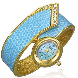 Fashion Alloy Gold-Tone Blue Round Dial White CZ Womens Cuff Watch Bangle
