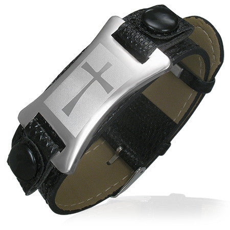 Black Leather Stainless Steel Belt Buckle Religious Cross Mens Bracelet