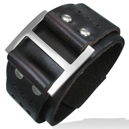 Brown Leather Alloy Square Belt Buckle Snap Wristband Mens Bracelet