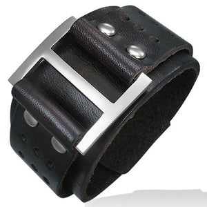 Brown Leather Alloy Square Belt Buckle Snap Wristband Mens Bracelet