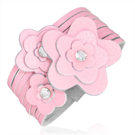 Pink Faux PU Leather Alloy CZ Deco Star Flower Snap CZ Womens Bracelet