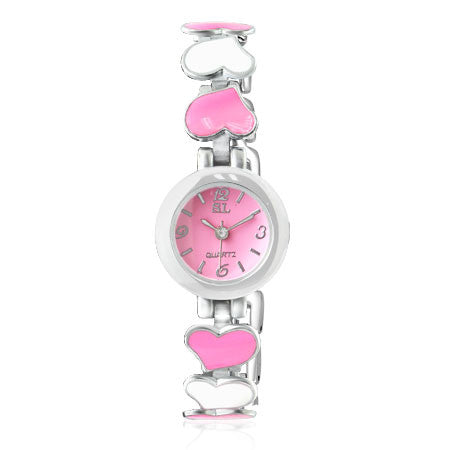 Fashion Alloy Love Heart White Pink Silver Round Dial Womens Bracelet Watch