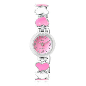Fashion Alloy Love Heart White Pink Silver Round Dial Womens Bracelet Watch