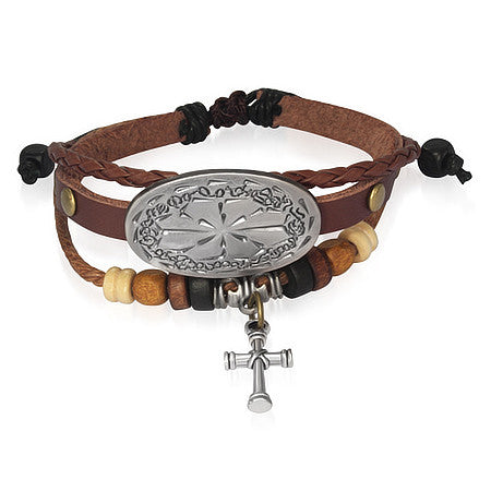 Brown Leather Alloy Beaded Flower Cross Charm Adjustable Unisex Bracelet