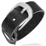 Black Leather Alloy Belt Buckle Silver-Tone Adjustable Unisex Bracelet