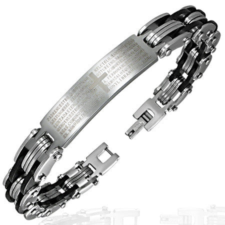 Stainless Steel Black Silver-Tone Link Chain Lords Prayer Religious Cross Mens Bracelet