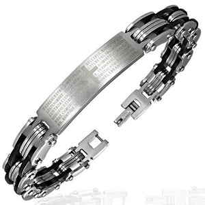 Stainless Steel Black Silver-Tone Link Chain Lords Prayer Religious Cross Mens Bracelet