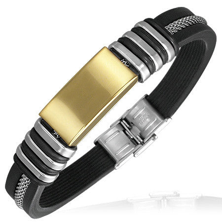 Stainless Steel Black Rubber Silicone Two-Tone Mesh Cable Mens Bracelet