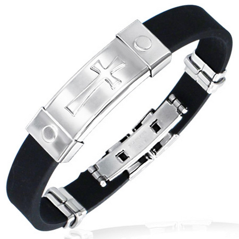 Stainless Steel Black Rubber Cross Religious Mens Bracelet