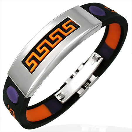 Stainless Steel Black Multicolor Neon Rubber Silicone Greek Key Mens Bracelet