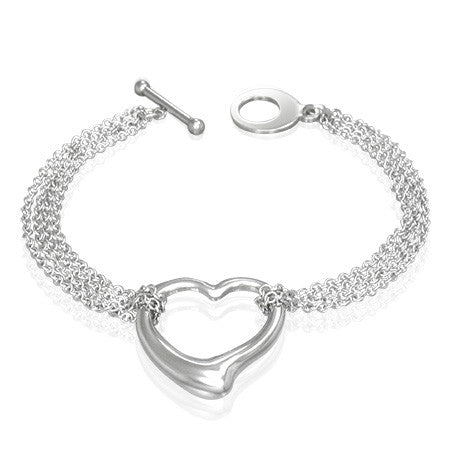 Stainless Steel Silver-Tone Multi-Strand Love Heart Link Toggle Womens Bracelet