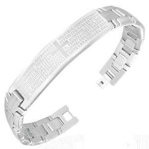 Stainless Steel Silver-Tone Link Chain Lords Prayer Religious Cross Mens Bracelet