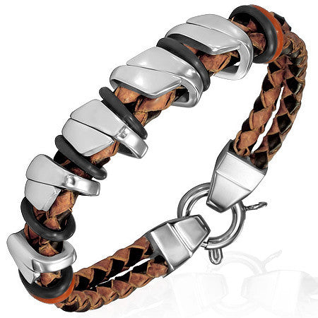 Stainless Steel Silver-Tone Light Brown Black Braided Leather Mens Bracelet
