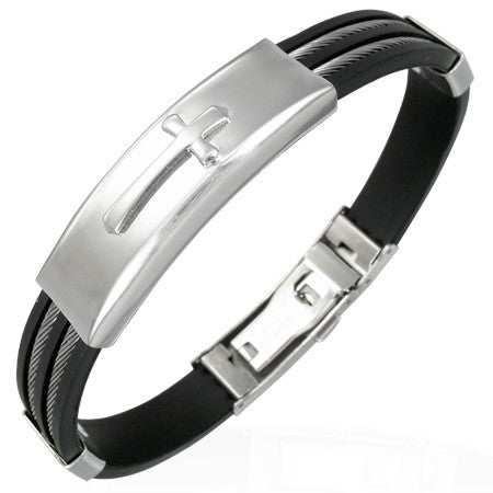 Stainless Steel Black Rubber Silicone Latin Cross Twisted Cable Religious Mens Bracelet