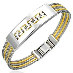 Stainless Steel Two-Tone Silver Gold Greek Key Twisted Cable Unisex Bracet
