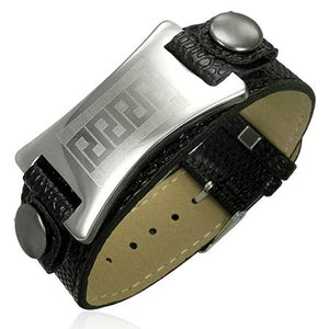 Stainless Steel Faux PU Leather Black Silver-Tone Greek Key Mens Bracelet