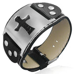 Stainless Steel Faux PU Leather Black Silver-Tone Latin Cross Mens Bracelet