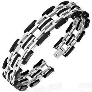 Stainless Steel Black Rubber Silicone Silver-Tone Link Chain Mens Bracelet